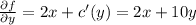 \frac{\partial f}{\partial y}=2x+ c'(y)=2x+10y