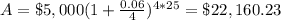 A=\$5,000(1+\frac{0.06}{4})^{4*25}=\$22,160.23