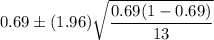 0.69\pm (1.96)\sqrt{\dfrac{0.69(1-0.69)}{13}}