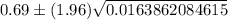 0.69\pm (1.96)\sqrt{0.0163862084615}