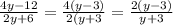 \frac{4y-12}{2y+6}=\frac{4(y-3)}{2(y+3}=\frac{2(y-3)}{y+3}