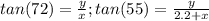 tan(72)= \frac{y}{x}  ; tan(55)= \frac{y}{2.2 + x}