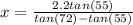 x=\frac{2.2tan(55)}{tan(72)-tan(55)}