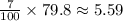 \frac{7}{100}\times79.8 \approx5.59