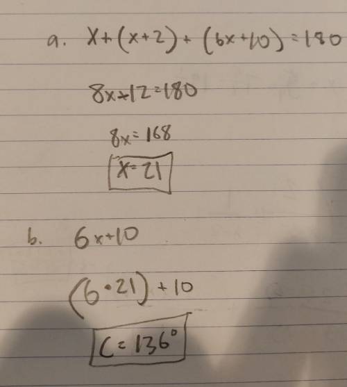 Urgent!  triangle abc has angle measures as shown  (a) what is the value of x?  show your work!  (b)