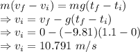 m(v_f-v_i)=mg(t_f-t_i)\\\Rightarrow v_i=v_f-g(t_f-t_i)\\\Rightarrow v_i=0-(-9.81)(1.1-0)\\\Rightarrow v_i=10.791\ m/s