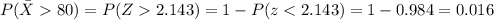P(\bar X 80)=P(Z2.143)=1-P(z