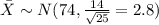 \bar X \sim N(74,\frac{14}{\sqrt{25}}=2.8)