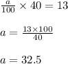 \frac{a}{100} \times 40 = 13\\\\a = \frac{13 \times 100}{40}\\\\a = 32.5
