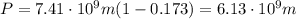 P = 7.41 \cdot 10^{9} m (1 - 0.173) = 6.13 \cdot 10 ^{9} m