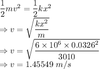 \dfrac{1}{2}mv^2=\dfrac{1}{2}kx^2\\\Rightarrow v=\sqrt{\dfrac{kx^2}{m}}\\\Rightarrow v=\sqrt{\dfrac{6\times 10^6\times 0.0326^2}{3010}}\\\Rightarrow v=1.45549\ m/s