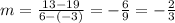 m=\frac{13-19}{6-(-3)}=-\frac{6}{9}=-\frac{2}{3}