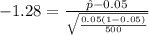 -1.28=\frac{\hat p -0.05}{\sqrt{\frac{0.05 (1-0.05)}{500}}}