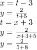 x=t-3\\ y=\frac{2}{t+5}\\ t=x+3\\ y=\frac{2}{x+3+5}\\ y=\frac{2}{5+8}