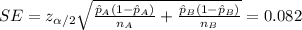 SE=z_{\alpha/2} \sqrt{\frac{\hat p_A(1-\hat p_A)}{n_A} +\frac{\hat p_B (1-\hat p_B)}{n_B}}=0.082