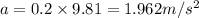 a=0.2\times 9.81=1.962 m/s^{2}