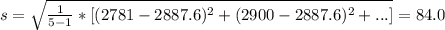 s=\sqrt{\frac{1}{5-1}*[(2781-2887.6)^2 +(2900-2887.6)^2 +...]}=84.0