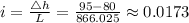 i=\frac {\triangle h}{L}=\frac {95-80}{866.025}\approx 0.0173