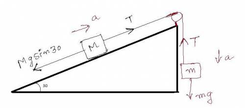 An object with a mass m = 250 g is on a plane inclined at 30º above the horizontal and is attached b