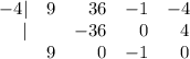 \begin{array}{rrrrr}-4| & 9 & 36 & -1 & -4\\|& & -36& 0 & 4\\& 9 & 0& -1 & 0\\\end{array}