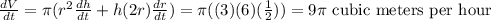 \frac{dV}{dt}=\pi ( r^2 \frac{dh}{dt}+h(2r)\frac{dr}{dt})=\pi ((3)(6) (\frac{1}{2})) = 9\pi \text{ cubic meters per hour}