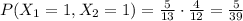 P(X_1=1,X_2=1)=\frac{5}{13}\cdot\frac{4}{12}=\frac{5}{39}