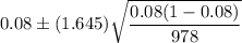 0.08\pm (1.645) \sqrt{\dfrac{0.08(1-0.08)}{978}}