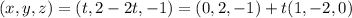(x,y,z)=(t, 2-2t, -1)=(0,2,-1) + t(1,-2,0)