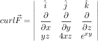curl \vec F =\left|\begin{array}{ccc} \hat i &\hat j&\hat k\\ \cfrac{\partial}{\partial x}& \cfrac{\partial}{\partial y}&\cfrac{\partial}{\partial z}\\yz&4xz&e^{xy}\end{array}\right|