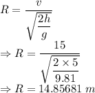 R=\dfrac{v}{\sqrt{\dfrac{2h}{g}}}\\\Rightarrow R=\dfrac{15}{\sqrt{\dfrac{2\times 5}{9.81}}}\\\Rightarrow R=14.85681\ m