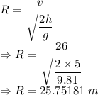 R=\dfrac{v}{\sqrt{\dfrac{2h}{g}}}\\\Rightarrow R=\dfrac{26}{\sqrt{\dfrac{2\times 5}{9.81}}}\\\Rightarrow R=25.75181\ m
