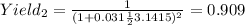 Yield_2= \frac{1}{(1+ 0.031 \frac{1}{2} 3.1415)^2}=0.909