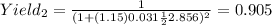 Yield_2= \frac{1}{(1+(1.15) 0.031 \frac{1}{2} 2.856)^2}=0.905