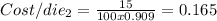 Cost/die_2 = \frac{15}{100 x 0.909}=0.165