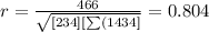 r=\frac{466}{\sqrt{[234][\sum(1434]}}=0.804