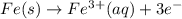 Fe (s)\rightarrow Fe^{3+} (aq) + 3e^-