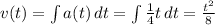 v(t) = \int{a(t)} \, dt = \int{\frac{1}{4}t} \, dt = \frac{t^2}{8}
