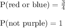 \text{P(red or blue)}=\frac{3}{4}\\\\\text{P(not purple)}=1