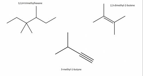 3,3,4-trimethylhexane, 2,3-dimethyl-2-butene, and 3-methyl-1-butyne identify as an alkane, alkene, o