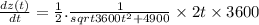 \frac{dz(t)}{dt} = \frac{1}{2}.\frac{1}{sqrt{3600t^{2} + 4900}}\times 2t\times 3600
