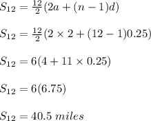 S_{12}=\frac{12}{2}(2a+(n-1)d)\\\\S_{12}=\frac{12}{2}(2\times 2+(12-1)0.25)\\\\S_{12}=6(4+11\times 0.25)\\\\S_{12}=6(6.75)\\\\S_{12}=40.5\ miles