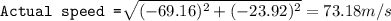 \texttt{Actual speed =}\sqrt{(-69.16)^2+(-23.92)^2}=73.18m/s