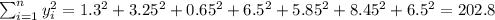 \sum_{i=1}^n y^2_i =1.3^2+3.25^2+0.65^2+6.5^2+5.85^2+8.45^2+6.5^2=202.8