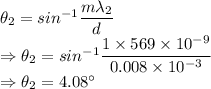 \theta_2=sin^{-1}\dfrac{m\lambda_2}{d}\\\Rightarrow \theta_2=sin^{-1}\dfrac{1\times 569\times 10^{-9}}{0.008\times 10^{-3}}\\\Rightarrow \theta_2=4.08^{\circ}