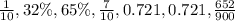 \frac{1}{10}, 32\%, 65\%, \frac{7}{10}, 0.721, 0.721, \frac{652}{900}