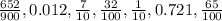 \frac{652}{900}, 0.012,\frac{7}{10}, \frac{32}{100},\frac{1}{10}, 0.721, \frac{65}{100}