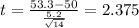 t=\frac{53.3-50}{\frac{5.2}{\sqrt{14}}}=2.375