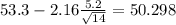 53.3-2.16\frac{5.2}{\sqrt{14}}=50.298
