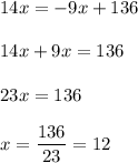 14x=-9x+136\\\\14x+9x=136\\\\23x=136\\\\x=\dfrac{136}{23}=12