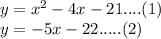 y=x^2-4x-21....(1)\\y=-5x-22.....(2)